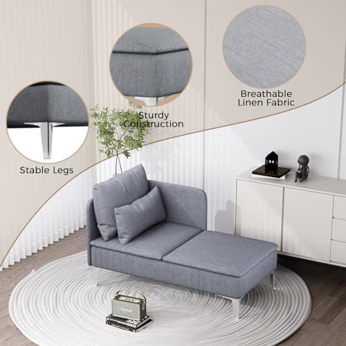 MELLCOM Chaise Lounge Indoor, Upholstered Modern Design Chaise Lounge Chair with Metal Feet, Grey, 27.6 inches (D) x 51 inches (W) x 27.6 inches (H), Grey Linen Fabric 6