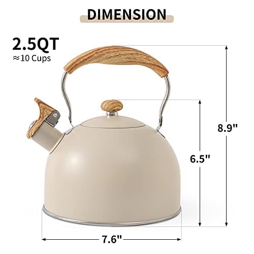 LONFFERY Tea Kettle for Stove Top, 2.5 Quart Whistling Tea Kettle, with Food Grade Stainless Steel and Wood Pattern Folding Handle, Creamy White 7