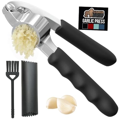 GORILLA GRIP Garlic Press and Peel Set, Heavy Duty Mincer Tool, Large Ergonomic Handle, Easily Mince and Crush Garlics, Ginger, Nuts, Seeds, Peeler Included, Peeling Cloves, Kitchen Gadgets, Black