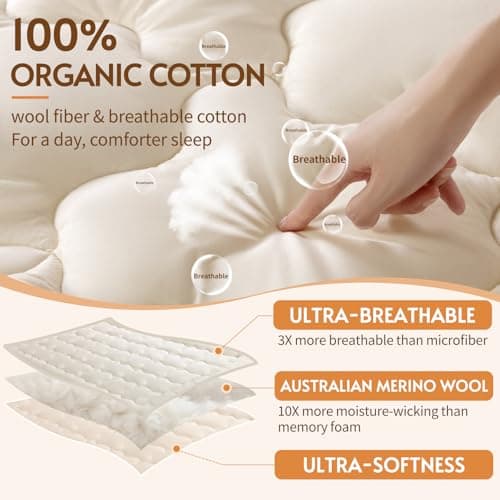 Luxury 100% Organic Wool Mattress Topper - 60"x79" 5
