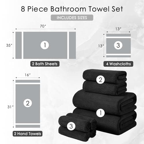 8 Piece Bath Towel Set Black|2 Oversized Large Bath Sheet,2 Hand Towels,4 Washcloths| Ultra Soft Cozy Bath Towel Set for Bathroom Hotel Gym Spa,Highly Absorbent & Quick Dry Bathroom Towel Collections 5