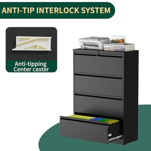 FOSTOKO 4 Drawer Lateral File Cabinet with Lock, Metal File Cabinets for Home Office, Steel Heavy-Duty Filing Storage Cabinet for Letters/Legal/A4 (Require Assembly, Black) 6