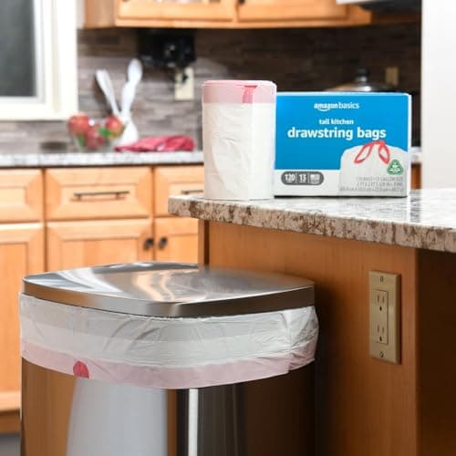 Amazon Basics 13 Gallon Tall Kitchen Drawstring Trash Bags, Unscented, 10% Post Consumer Recycled, 120 Count, White 5