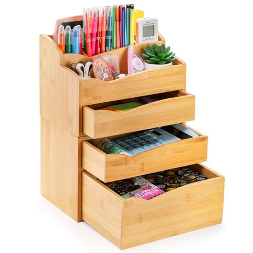 Yopay 2 Pack Bamboo Desk Organizer, Stackable Desktop Organizers with 3 Drawers, Bamboo Office Tabletop, Countertop Organization for Stationery, Makeup Vanity, Fully Assembled 6