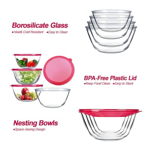 KOMUEE 4 Pack Glass Mixing Bowls Set with Lids (4.8QT, 2.9QT, 1.7QT, 0.8QT), Glass Nesting Bowls for Kitchen Baking, Cooking and Serving, Oven, Dishwasher, Freezer, and Microwave Safe 3