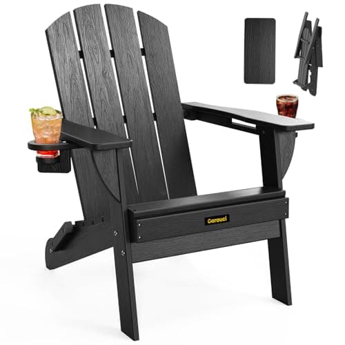 Folding Adirondack Chair, Wooden Textured Plastic Adirondack Chairs with 2 Cup Holder, Weather Resistant HDPE Fire Pit Chair, Outdoor Patio Chairs for Garden, Backyard, Lawn, Deck, 380LBS, Black