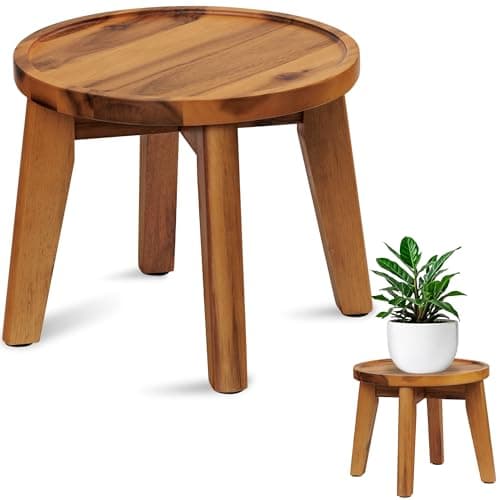 Demigo Indoor Plant Stand, Acacia Wooden Decorative Plant Shelf with Spill-Proof Tray, Stable 8” Tall Flower Holder for Heavy Pots, Gardening Display for Decor Living Room Patio - Natural Brown