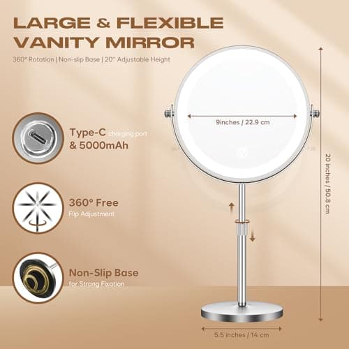 Makeup Mirror with Lights, 1x/20x 360° Rotation Vanity Mirror, Brightness Adjustable Lighted Makeup Mirror with Magnification, 5000 mAh Rechargeable Double Sided Mirror with 3 Colors, Gift for Women 6