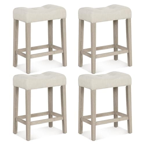 Giantex 24" Bar Stools Set of 4, Upholstered Counter Height Saddle Bar Stools with Footrest and Wood Legs, Farmhouse Button Tufted Backless Barstools for Kitchen Island, Dining Room, Cafe, Beige