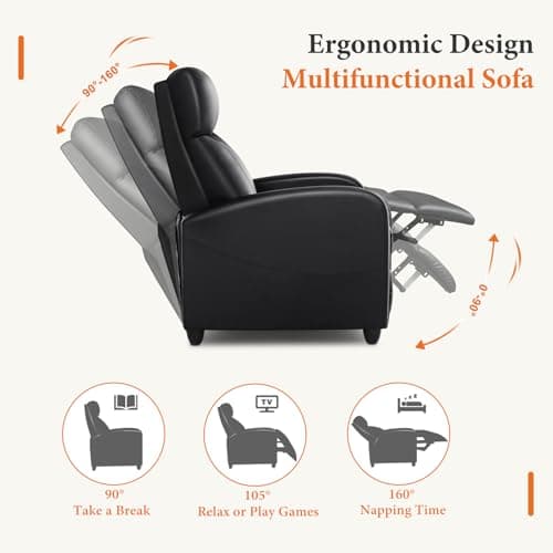 Sweetcrispy Recliner Chair PU Leather Recliner Sofa No Massage, Home Theater Seating with Lumbar Support, Adjustable Push Back Overstuffed High-Density Sponge Reclining for Living Room, Black 5