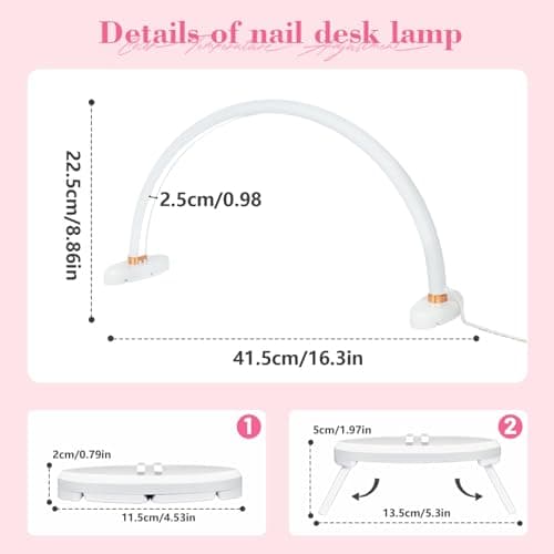 obcd Half Moon Light for Nail Desk 16 inch Nail Desk Light Half Moon Lamp Portable Arch Lamp Dimmable with Foldable Bracket for Desk Salon Table Use, 3 Color Temperature 2