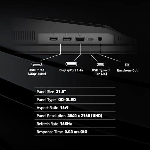 msi MAG 321UP QD-OLED 32-inch QD-OLED 3840 x 2160 (UHD) Computer Monitor, 165Hz, Adaptive-Sync, HDMI, Display Port, VGA Port, VESA Mountable, Tilt, Height Adjustable, Speaker, 0.03ms, Black 4