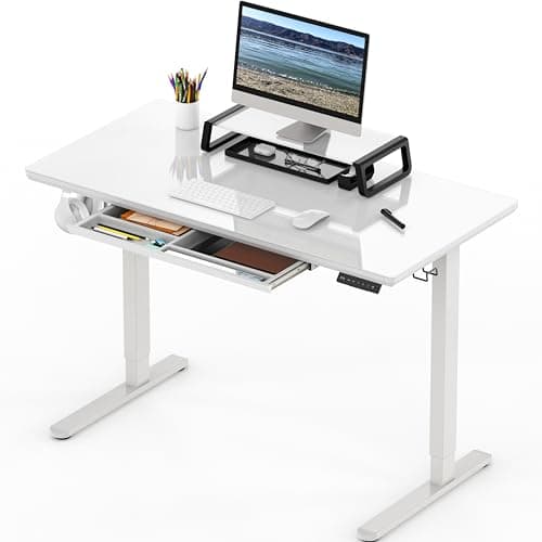 SHW 48x24 Glass Electric Height Adjustable Standing Desk – Motorized Sit Stand Desk with Monitor Riser, Pull-Out Drawer, Memory Presets, White