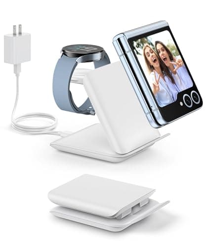 Fast Wireless Charger for Samsung - 2 in 1 Foldable Travel Charging Station, Compatible with Samsung Galaxy Z Flip 7/6/5/4 Series and Motorola Razr+, White (Adapter PD 20 watt Included)
