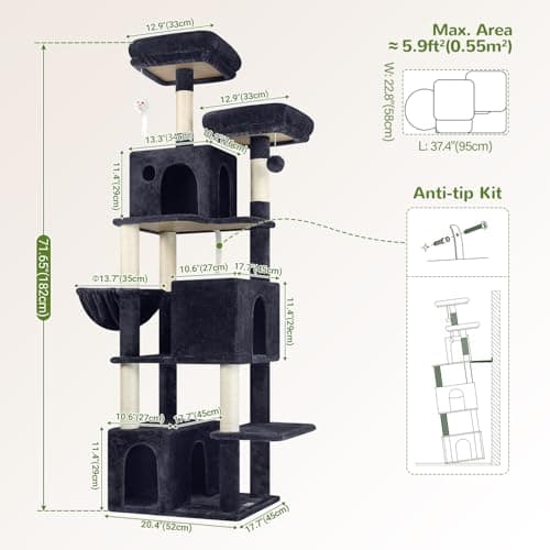 Globlazer Cat Tree Tall, 71 inches Cat Tower for Indoor Adult Cats Multi-Level 3 Condos for Indoor Cats XL Cat Tree Tower with Scratching Posts, Soft Extra Large Hanging Basket, F71, Dark Gray 6