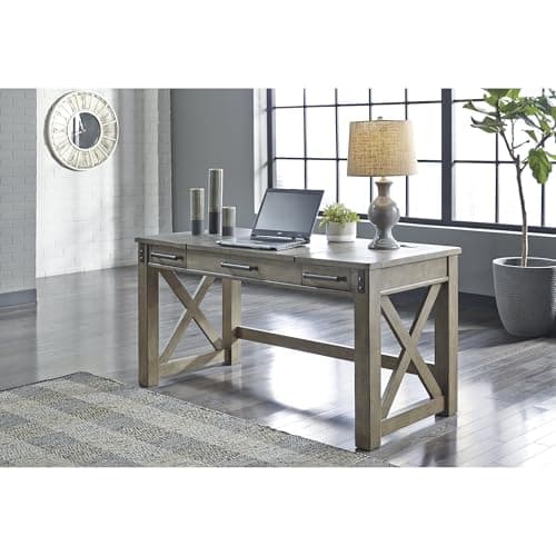 Signature Design by Ashley Aldwin Rustic Farmhouse 60" Home Office Lift Top Desk with Charging Ports, Distressed Gray 5