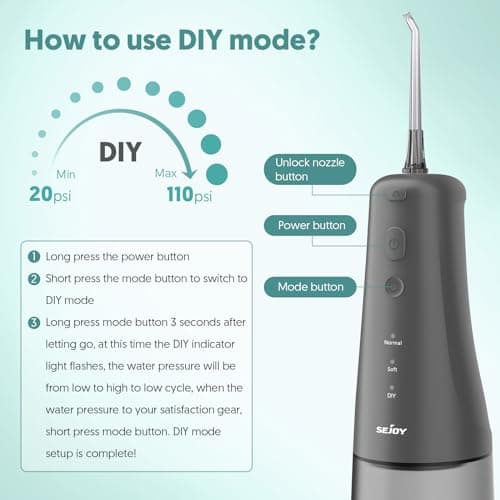 Sejoy Water Flosser Cordless Rechargeable, Water Flossers Picks for Teeth Cleaning and Flossing, Water Flosser for Braces Kids-Oral Irrigator-DIY Mode 6 Jet Tips, IPX7 Waterproof-for Travel and Home 6