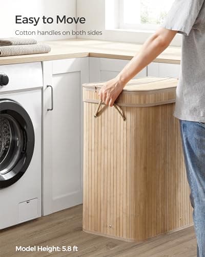 SONGMICS Laundry Hamper with Lid, Bamboo Laundry Basket, Removable Machine Washable Laundry Basket, with Handles, 26.4-Gallons, for Laundry Room, Bedroom, Bathroom, Natural Beige ULCB063N01 9