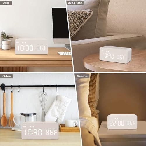 MOSITO Digital Wooden Alarm Clock with Wireless Charging, 0-100% Dimmer, Dual Alarm, Weekday/Weekend Mode, Snooze, Wood LED Clocks for Bedroom, Bedside, Desk, Kids (White) 7