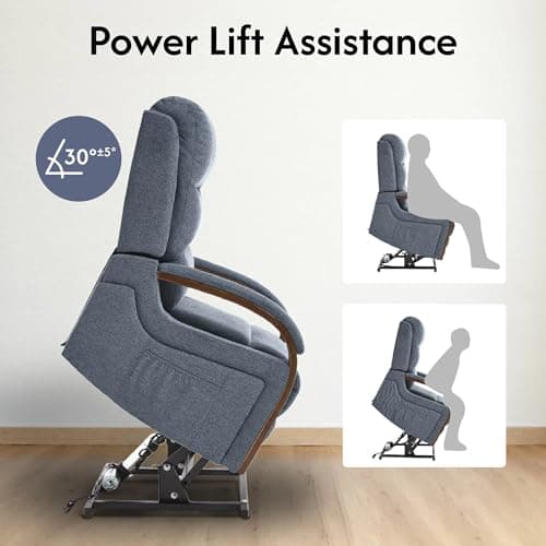 FLEXISPOT Dual Motor Electric Lay Flat Reclining Chair with Massage & Heat, Power Lift Recliner Chair for Elderly with Side Pockets, Fabric Single Sofa for Living Room, Blue-Gry 8