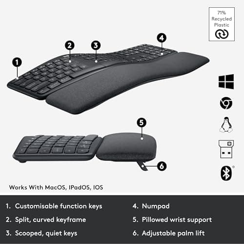 Logitech Ergo K860 Wireless Ergonomic Keyboard - Split Keyboard, Wrist Rest, Natural Typing, Stain-Resistant Fabric, Bluetooth and USB Connectivity, Compatible with Windows/Mac, Black 6