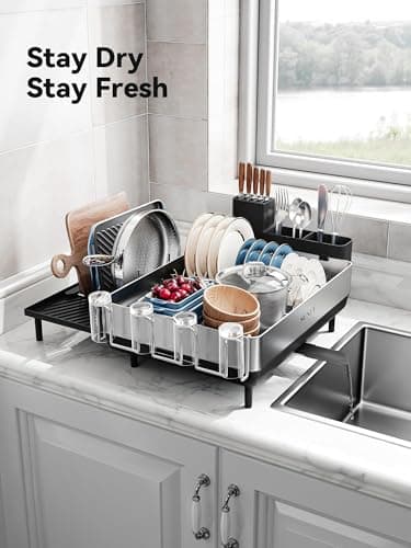SUNLY Large Dish Drying Rack, Expandable Dish Racks for Kitchen Counter, Space Saving 304 Stainless Steel Drying Rack Kitchen, Extra Large Drainer with Multifunctional Flip Up Pegs, Black 8