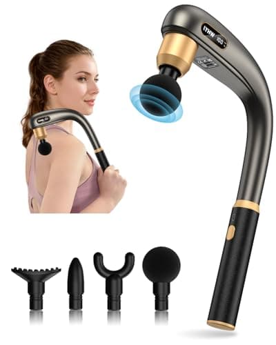 LYHW Massage Gun Deep Tissue with Extended Handle, 12MM Handheld Electric Back Muscle Massager for Pain Relief, Quiet Percussion Massage Gun with LED Screen & 4 Massage Heads, 3 Modes & 5 Speed Levels