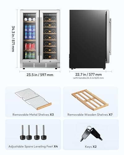 EUHOMY Wine and Beverage Refrigerator, 24 Inch Dual Zone Wine Cooler with Glass Door Hold 21 Bottles and 88 Cans, Built in or Under Counter Wine Fridge with Blue LED Light 8