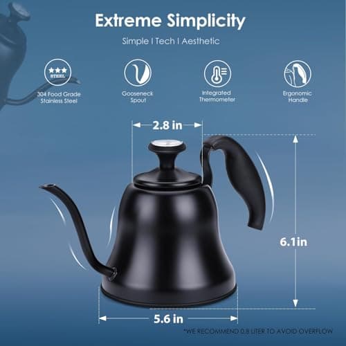 Chefbar Tea Kettle with Thermometer Stovetop Gooseneck Kettle 28oz 0.8L Pour Over Coffee Pot, Matte Black Camping Home Kitchen Water Boiler, 1Pack 5