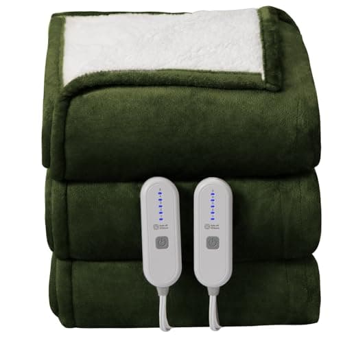 FVERWAG Heating Blanket Queen Size Washable - 84 x 90 Inch Double Zone Electric Blanket with 10 Hours Auto Off, 5 Heat Settings, Soft Flannel Sherpa Heated Blanket for Bed, ETL Certified, Green 9