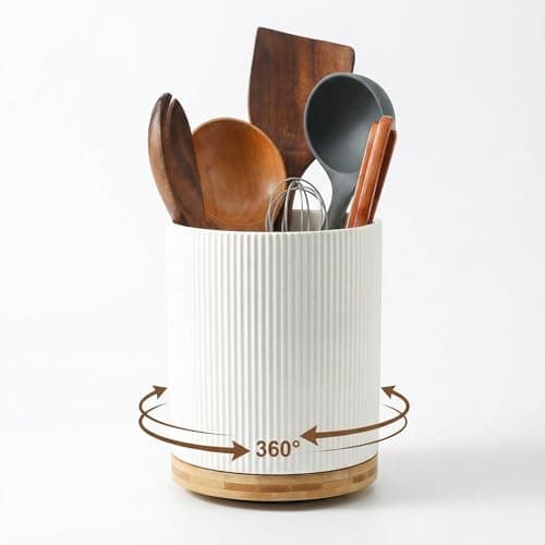 KSENDALO Large 360° Rotating Utensil Holder, Cream White 7.76" Premium Kitchen Crock for Cooking Utensils, Durable Countertop Storage for Home Kitchen