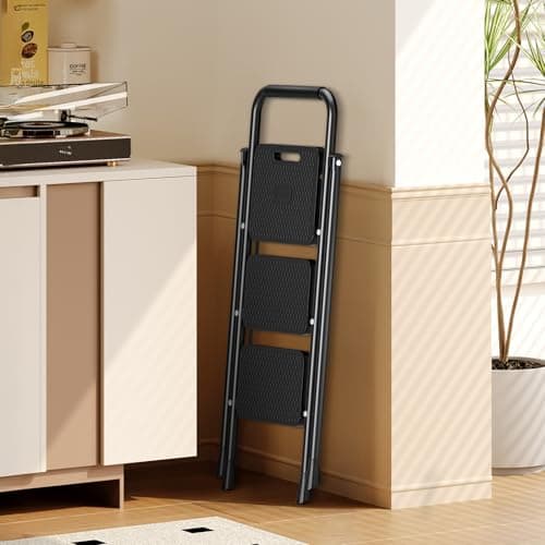 Simple Deluxe Step Stool Foldable, 3 Step Ladder Portable Ladder with Wide Anti-Slip Pedal, Step Stool for, Lightweight Step Ladder for Home Kitchen and Outdoor, Dark Brown 7