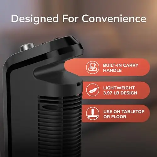 Lasko Oscillating Ceramic Tower Space Heater for Home with Overheat Protection, Adjustable Thermostat, and 2 Speeds, 15.7 Inches, Black, 1500W, CT16450 6