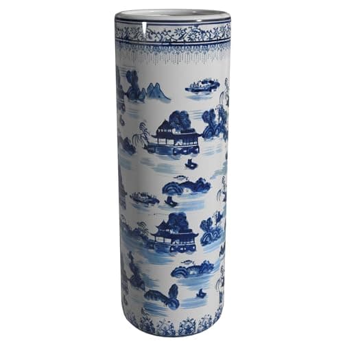 Oriental Furniture 20" Landscape Blue & White Porcelain Umbrella Stand
