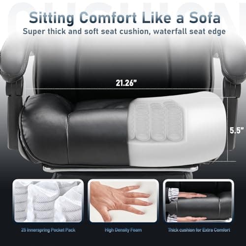 Office Chair with Footrest-Ergonomic Computer Chair with Extra Lumbar Support Pillow, High Back Executive Desk Chair Thick Bonded Leather, Large Home Office Work Chair with Wide Seat for Comfort-Black 5