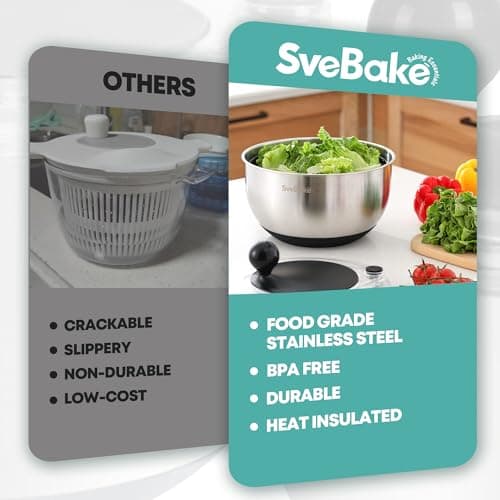 SveBake 5.3Qt Stainless Steel Salad Spinner with Stop Button, BPA-Free Vegetable Lettuce Spinner, Transparent Lid & Drainage Hole, Non-Slip Base, Dishwasher Safe Fruit Washer 8