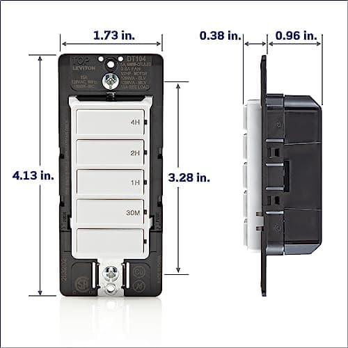 Leviton Countdown Timer Switch for household lights, heaters and exhaust fans, 30 min, 1-2-4 hour, No Neutral Wire Required, Single Pole, 15A, 1/2 HP/9.8A Fan/Motor, DT104-1LW, White 8
