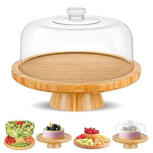 CHEF'S UNIQUE 6-in-1 Bamboo Cake Stand with Dome – Multifunctional Serving Platter, Punch Bowl, Salad Bowl, Chip & Dip Tray, Dessert Display with Clear Acrylic Cover