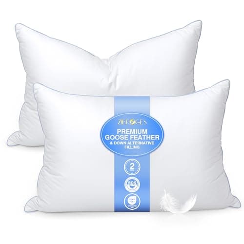 zibroges Goose Feather Pillows Queen Size Pack of 2 - Down Hotel Bed Pillows for Sleeping, Soft 600 Thread Count Cotton Cover, Fluffy Support Surround Fill Polyester for Side, Back, Stomach Sleepers