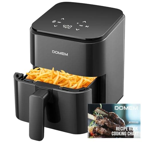 DOMEM 3 Qt Compact Air Fryer with Non-Stick Basket and Rack, User Friendly Simple Touchscreen, Cook in Simple Steps, Low-Oil Cooking Small Air Fryer, Space Saving Cooker