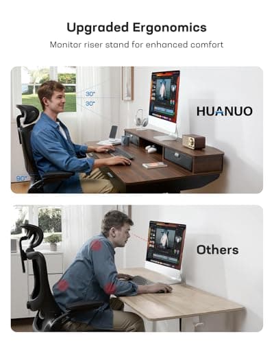 HUANUO 55 x 30 inch Electric Standing Desk with Wood Drawers, Adjustable Height Sit Stand Home Office Desk with Two Tiers, Ergonomic Adjustable Stand up Desk C-Clamp Monitor Mount Compatible, Walnut 8