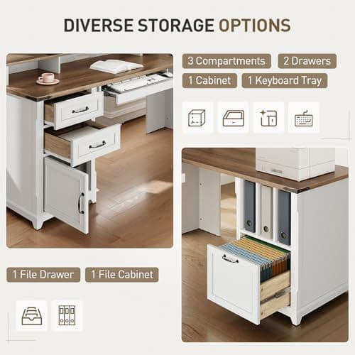 RALGEND Farmhouse 69" Executive L Shaped Desk with Drawer, Home Office Desk with Charging Station, Corner Computer Desk with Monitor Stand, File Drawer, Storage Cabinet, White and Walnut 5