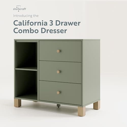 Storkcraft California 3 Drawer Combo Dresser (Olive with Driftwood) – GREENGUARD Gold Certified, Interlocking Drawer System, Pre-Installed Drawer Tracks for Easier Assembly, Spacious Cabinet 5