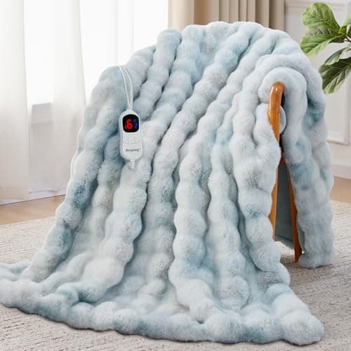 Anysay Heated Blanket Throw with 1/2/4/6/8 Hours Auto-Off 10 Heat Level, 50'' * 60'' Cozy Faux Rabbit Fur Bubble Electric Blanket with Overheat Protection(Blue)