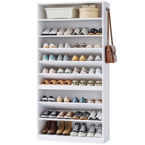 IRONCK Shoe Storage Cabinet, 10-Tier Shoe Organizer for Closet Entryway, Wooden Shoe Rack Holds 36 to 52 Pairs, Adjustable Shelves & Hook, Entryway Furniture Shoe Cabinet