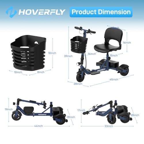 Hoverfly T3 Folding Powered Mobility Scooter for Seniors, Portable 3-Wheel E-Scooter with Seat, 13-Mile Range Safe LiFePO4 Battery, 264 lbs Load&Solid 8" Tires, Fits in Car Trunks for Daily Rides Blue 8