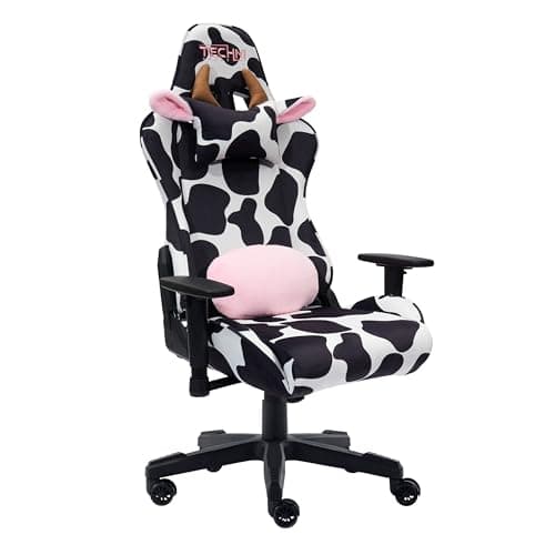 Techni Sport Gaming Chair - Black White Cow Print - Ergonomic Office Computer Chair with Memory Foam, Lumbar Support, Decorative Horns & Ears, 300 Lbs Capacity