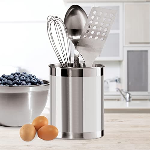 Oggi Stainless Steel Utensil Holder - 5" Diameter, Utensil Caddy, Weighted Base for Stability - Larger-Sized Utensil Crock and Countertop Utensil Organizer, Stainless Steel 5