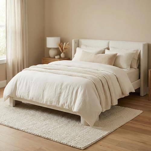 LIKIMIO Full Bed Frame with Headboard, Upholstered Boucle Platform Bed with USB Ports, Base Camas Full No Box Spring Needed, Cream White 8