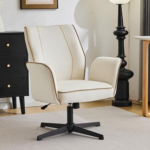 VINGLI Bloom Chair,Comfy Home Office Desk Chair No Wheels,Padded Armrests,Aesthetic Vanity Accent Chair with Back,360° Swivel Rolling for Task,Nail Tech,Dinning,Sewing,Study,Bedroom,Velvet,White